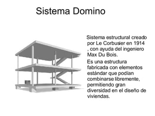 Sistema Domino Sistema estructural creado por Le Corbusier en 1914 , con ayuda del ingeniero Max Du Bois. Es una estructura fabricada con elementos estándar que podían combinarse libremente, permitiendo gran diversidad en el diseño de viviendas. 