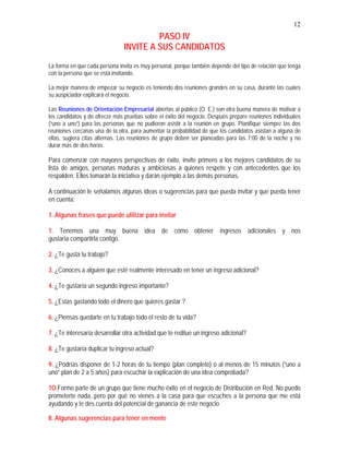 12
PASO IV
INVITE A SUS CANDIDATOS
La forma en que cada persona invita es muy personal, porque también depende del tipo de relación que tenga
con la persona que se está invitando.
La mejor manera de empezar su negocio es teniendo dos reuniones grandes en su casa, durante las cuales
su auspiciador explicará el negocio.
Las Reuniones de Orientación Empresarial abiertas al público (O. E.) son otra buena manera de motivar a
los candidatos y de ofrecer más pruebas sobre el éxito del negocio. Después prepare reuniones individuales
(“uno a uno”) para las personas que no pudieron asistir a la reunión en grupo. Planifique siempre las dos
reuniones cercanas una de la otra, para aumentar la probabilidad de que los candidatos asistan a alguna de
ellas, sugiera citas alternas. Las reuniones de grupo deben ser planeadas para las 7:00 de la noche y no
durar más de dos horas.
Para comenzar con mayores perspectivas de éxito, invite primero a los mejores candidatos de su
lista de amigos, personas maduras y ambiciosas a quienes respete y con antecedentes que los
respalden. Ellos tomarán la iniciativa y darán ejemplo a las demás personas.
A continuación le señalamos algunas ideas o sugerencias para que pueda invitar y que pueda tener
en cuenta:
1. Algunas frases que puede utilizar para invitar
1. Tenemos una muy buena idea de cómo obtener ingresos adicionales y nos
gustaría compartirla contigo.
2. ¿Te gusta tu trabajo?
3. ¿Conoces a alguien que esté realmente interesado en tener un ingreso adicional?
4. ¿Te gustaría un segundo ingreso importante?
5. ¿Estas gastando todo el dinero que quieres gastar ?
6. ¿Piensas quedarte en tu trabajo todo el resto de tu vida?
7. ¿Te interesaría desarrollar otra actividad que te reditue un ingreso adicional?
8. ¿Te gustaría duplicar tu ingreso actual?
9. ¿Podrías disponer de 1-2 horas de tu tiempo (plan completo) o al menos de 15 minutos (“uno a
uno” plan de 2 a 5 años) para escuchar la explicación de una idea comprobada?
1O.Formo parte de un grupo que tiene mucho éxito en el negocio de Distribución en Red. No puedo
prometerte nada, pero por qué no vienes a la casa para que escuches a la persona que me está
ayudando y te des cuenta del potencial de ganancia de este negocio
II. Algunas sugerencias para tener en mente
 