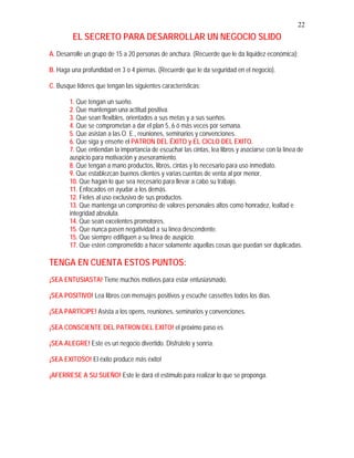 22
EL SECRETO PARA DESARROLLAR UN NEGOCIO SLIDO
A. Desarrolle un grupo de 15 a 20 personas de anchura. (Recuerde que le da liquidez económica):
B. Haga una profundidad en 3 o 4 piernas. (Recuerde que le da seguridad en el negocio).
C. Busque líderes que tengan las siguientes características:
1. Que tengan un sueño.
2. Que mantengan una actitud positiva.
3. Que sean flexibles, orientados a sus metas y a sus sueños.
4. Que se comprometan a dar el plan 5, 6 ó más veces por semana.
5. Que asistan a las O. E., reuniones, seminarios y convenciones.
6. Que siga y enseñe el PATRON DEL ÉXITO y EL CICLO DEL EXITO.
7. Que entiendan la importancia de escuchar las cintas, lea libros y asociarse con la línea de
auspicio para motivación y asesoramiento.
8. Que tengan a mano productos, libros, cintas y lo necesario para uso inmediato.
9. Que establezcan buenos clientes y varias cuentas de venta al por menor.
10. Que hagan lo que sea necesario para llevar a cabo su trabajo.
11. Enfocados en ayudar a los demás.
12. Fieles al uso exclusivo de sus productos.
13. Que mantenga un compromiso de valores personales altos como honradez, lealtad e
integridad absoluta.
14. Que sean excelentes promotores.
15. Que nunca pasen negatividad a su línea descendente.
15. Que siempre edifiquen a su línea de auspicio.
17. Que estén comprometido a hacer solamente aquellas cosas que puedan ser duplicadas.
TENGA EN CUENTA ESTOS PUNTOS:
¡SEA ENTUSIASTA! Tiene muchos motivos para estar entusiasmado.
¡SEA POSITIVO! Lea libros con mensajes positivos y escuche cassettes todos los días.
¡SEA PARTÍCIPE! Asista a los opens, reuniones, seminarios y convenciones.
¡SEA CONSCIENTE DEL PATRON DEL EXITO! el próximo paso es
¡SEA ALEGRE! Este es un negocio divertido. Disfrútelo y sonría.
¡SEA EXITOSO! El éxito produce más éxito!
¡AFERRESE A SU SUEÑO! Este le dará el estímulo para realizar lo que se proponga.
 