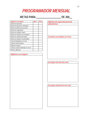 23
PROGRAMADOR MENSUAL
METAS PARA ___________________ DE 200__
Objetivos en el negocio Meta Real
Número de prospectos
Número de prospectos contactados
Número de planes que presentaré
Número de seguimientos
Número de invitados a opens
Número de invitados a los seminarios
Número de auspicios personales
Número de auspicios en profundidad
Total de distribuidores en mi red
Volumen total del negocio
Volumen de puntos
Total de cassettes distribuidos en mi red
Nivel de calificación
Objetivos en el negocio
Objetivos de superación personal
Libro del mes
Cassettes escuchados en el mes
Su mayor reto éste mes será
Su mayor victoria éste mes será
 