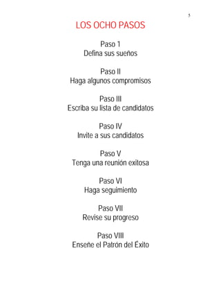 5
LOS OCHO PASOS
Paso 1
Defina sus sueños
Paso II
Haga algunos compromisos
Paso III
Escriba su lista de candidatos
Paso IV
Invite a sus candidatos
Paso V
Tenga una reunión exitosa
Paso VI
Haga seguimiento
Paso VII
Revise su progreso
Paso VIII
Enseñe el Patrón del Éxito
 
