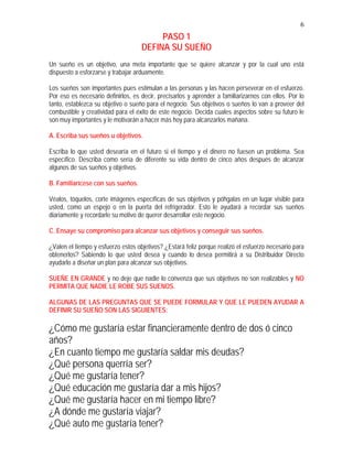 6
PASO 1
DEFINA SU SUEÑO
Un sueño es un objetivo, una meta importante que se quiere alcanzar y por la cual uno está
dispuesto a esforzarse y trabajar arduamente.
Los sueños son importantes pues estimulan a las personas y las hacen perseverar en el esfuerzo.
Por eso es necesario definirlos, es decir, precisarlos y aprender a familiarizarnos con ellos. Por lo
tanto, establezca su objetivo o sueño para el negocio. Sus objetivos o sueños lo van a proveer del
combustible y creatividad para el éxito de este negocio. Decida cuales aspectos sobre su futuro le
son muy importantes y le motivarán a hacer más hoy para alcanzarlos mañana.
A. Escriba sus sueños u objetivos.
Escriba lo que usted desearía en el futuro si el tiempo y el dinero no fuesen un problema. Sea
específico. Describa como sería de diferente su vida dentro de cinco años después de alcanzar
algunos de sus sueños y objetivos.
B. Familiarícese con sus sueños.
Véalos, tóquelos, corte imágenes específicas de sus objetivos y póhgalas en un lugar visible para
usted, como un espejo o en la puerta del refrigerador. Esto le ayudará a recordar sus sueños
diariamente y recordarle su motivo de querer desarrollar este negocio.
C. Ensaye su compromiso para alcanzar sus objetivos y conseguir sus sueños.
¿Valen el tiempo y esfuerzo estos objetivos? ¿Estará feliz porque realizó el esfuerzo necesario para
obtenerlos? Sabiendo lo que usted desea y cuando lo desea permitirá a su Distribuidor Directo
ayudarlo a diseñar un plan para alcanzar sus objetivos.
SUEÑE EN GRANDE y no deje que nadie lo convenza que sus objetivos no son realizables y NO
PERMITA QUE NADIE LE ROBE SUS SUENOS.
ALGUNAS DE LAS PREGUNTAS QUE SE PUEDE FORMULAR Y QUE LE PUEDEN AYUDAR A
DEFINIR SU SUEÑO SON LAS SIGUIENTES:
¿Cómo me gustaría estar financieramente dentro de dos ó cinco
años?
¿En cuanto tiempo me gustaría saldar mis deudas?
¿Qué persona querría ser?
¿Qué me gustaría tener?
¿Qué educación me gustaría dar a mis hijos?
¿Qué me gustaría hacer en mi tiempo libre?
¿A dónde me gustaría viajar?
¿Qué auto me gustaría tener?
 