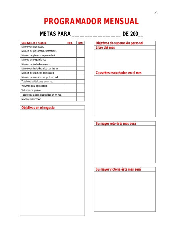 23
PROGRAMADOR MENSUAL
METAS PARA ___________________ DE 200__
Objetivos en el negocio Meta Real
NÃºmero de prospectos
NÃºme...