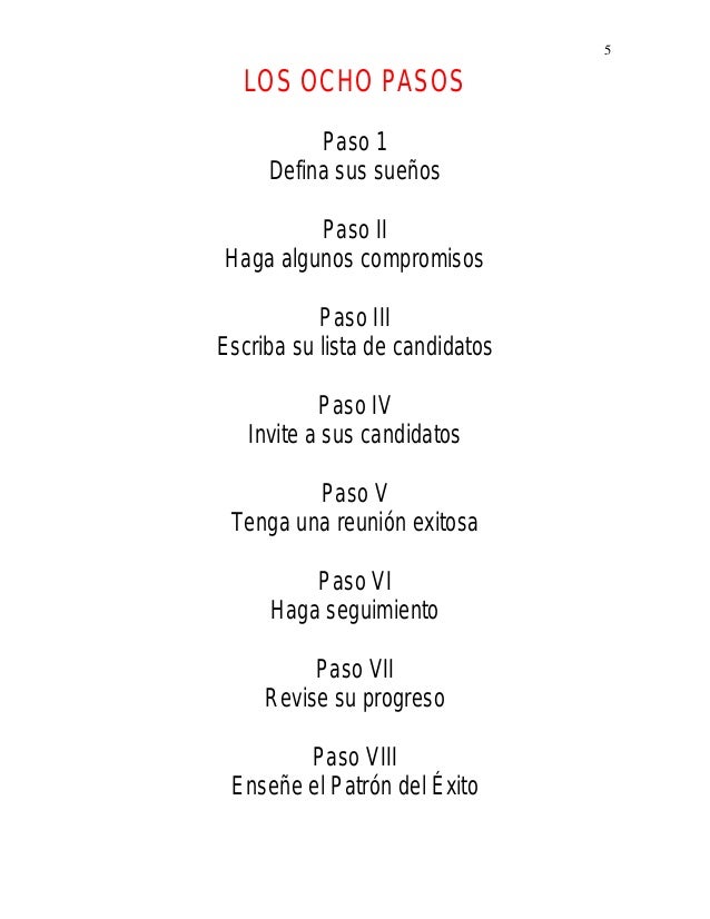 5
LOS OCHO PASOS
Paso 1
Defina sus sueÃ±os
Paso II
Haga algunos compromisos
Paso III
Escriba su lista de candidatos
Paso IV...