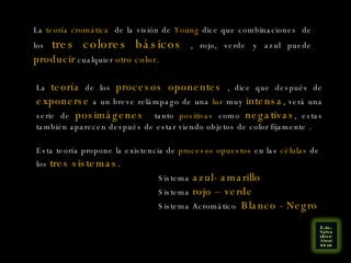 La  teoría cromática  de la visión de  Young  dice que combinaciones  de los  tres colores básicos  , rojo, verde y azul puede  producir  cualquier  otro color.  La  teoría  de los  procesos oponentes  , dice que después de  exponerse  a un breve relámpago de una  luz  muy  intensa , verá una serie de  posimágenes  tanto  positivas  como  negativas , estas también aparecen después de estar viendo objetos de color fijamente .  Esta teoría propone la existencia de  procesos opuestos  en las  células  de los  tres sistemas. Sistema  azul- amarillo Sistema  rojo – verde Sistema Acromático  Blanco - Negro 