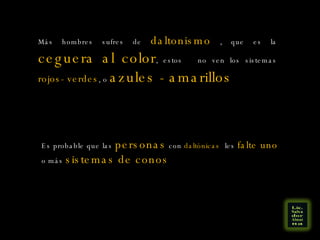 Más hombres sufres de  daltonismo  , que es la  ceguera al color , estos  no ven los sistemas  rojos- verdes , o  azules - amarillos Es probable que las  personas  con  daltónicas   les  falte uno  o más  sistemas de conos  