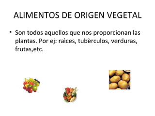 ALIMENTOS DE ORIGEN VEGETAL Son todos aquellos que nos proporcionan las plantas. Por ej: raìces, tubèrculos, verduras, frutas,etc. 