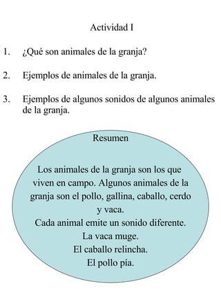 Actividad I ¿Qué son animales de la granja? Ejemplos de animales de la granja. Ejemplos de algunos sonidos de algunos animales de la granja. Resumen Los animales de la granja son los que  viven en campo. Algunos animales de la granja son el pollo, gallina, caballo, cerdo y vaca. Cada animal emite un sonido diferente. La vaca muge. El caballo relincha. El pollo pía. 