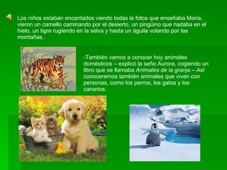 Los niños estaban encantados viendo todas la fotos que enseñaba Maria, vieron un camello caminando por el desierto, un pingüino que nadaba en el hielo, un tigre rugiendo en la selva y hasta un águila volando por las montañas. -También vamos a conocer hoy animales domésticos – explicó la seño Aurora, cogiendo un libro que se llamaba  Animales de la granja –  Así conoceremos también animales que viven con personas, como los perros, los gatos y los canarios. 