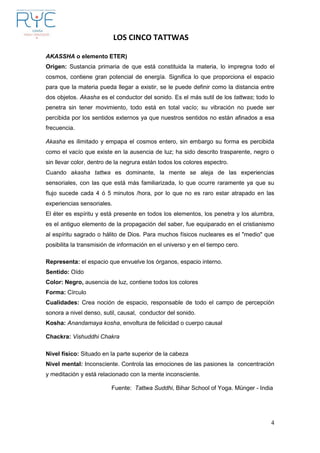 LOS CINCO TATTWAS
4
AKASSHA o elemento ETER)
Orígen: Sustancia primaria de que está constituida la materia, lo impregna todo el
cosmos, contiene gran potencial de energía. Significa lo que proporciona el espacio
para que la materia pueda llegar a existir, se le puede definir como la distancia entre
dos objetos. Akasha es el conductor del sonido. Es el más sutil de los tattwas; todo lo
penetra sin tener movimiento, todo está en total vacío; su vibración no puede ser
percibida por los sentidos externos ya que nuestros sentidos no están afinados a esa
frecuencia.
Akasha es ilimitado y empapa el cosmos entero, sin embargo su forma es percibida
como el vacío que existe en la ausencia de luz; ha sido descrito trasparente, negro o
sin llevar color, dentro de la negrura están todos los colores espectro.
Cuando akasha tattwa es dominante, la mente se aleja de las experiencias
sensoriales, con las que está más familiarizada, lo que ocurre raramente ya que su
flujo sucede cada 4 ó 5 minutos /hora, por lo que no es raro estar atrapado en las
experiencias sensoriales.
El éter es espíritu y está presente en todos los elementos, los penetra y los alumbra,
es el antiguo elemento de la propagación del saber, fue equiparado en el cristianismo
al espíritu sagrado o hálito de Dios. Para muchos físicos nucleares es el "medio" que
posibilita la transmisión de información en el universo y en el tiempo cero.
Representa: el espacio que envuelve los órganos, espacio interno.
Sentido: Oído
Color: Negro, ausencia de luz, contiene todos los colores
Forma: Círculo
Cualidades: Crea noción de espacio, responsable de todo el campo de percepción
sonora a nivel denso, sutil, causal, conductor del sonido.
Kosha: Anandamaya kosha, envoltura de felicidad o cuerpo causal
Chackra: Vishuddhi Chakra
Nivel físico: Situado en la parte superior de la cabeza
Nivel mental: Inconsciente. Controla las emociones de las pasiones la concentración
y meditación y está relacionado con la mente inconsciente.
Fuente: Tattwa Suddhi, Bihar School of Yoga. Münger - India
 