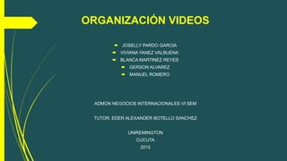 ORGANIZACIÓN VIDEOS
 JOSELLY PARDO GARCIA
 VIVIANA YANEZ VALBUENA
 BLANCA MARTINEZ REYES
 GERSON ALVAREZ
 MANUEL ROMERO
ADMON NEGOCIOS INTERNACIONALES VI SEM
TUTOR: EDER ALEXANDER BOTELLO SANCHEZ
UNIREMINGTON
CUCUTA
2015
 