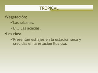Vegetación: Las sabanas.  Ej., Las acacias. Los ríos: Presentan estiajes en la estación seca y crecidas en la estación lluviosa. TROPICAL 