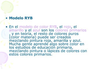 Modelo RYB      En el  modelo de color RYB , el  rojo , el  amarillo  y el  azul  son los  colores primarios , y en teoría, el resto de colores puros (color materia) puede ser creados mezclando pintura roja, amarilla y azul. Mucha gente aprende algo sobre color en los estudios de educación primaria, mezclando pintura o lápices de colores con estos colores primarios. 