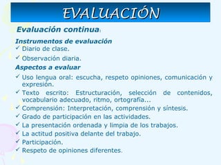 Evaluación continua:
Instrumentos de evaluación
 Diario de clase.
 Observación diaria.
Aspectos a evaluar
 Uso lengua oral: escucha, respeto opiniones, comunicación y
expresión.
 Texto escrito: Estructuración, selección de contenidos,
vocabulario adecuado, ritmo, ortografía...
 Comprensión: Interpretación, comprensión y síntesis.
 Grado de participación en las actividades.
 La presentación ordenada y limpia de los trabajos.
 La actitud positiva delante del trabajo.
 Participación.
 Respeto de opiniones diferentes.
EVALUACIÓNEVALUACIÓNEVALUACIÓNEVALUACIÓN
 