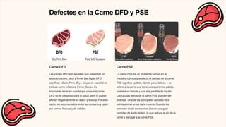 Defectos en la Carne DFD y PSE
Carne DFD
Las carnes DFD son aquellas que presentan un
aspecto oscuro, seco y firme. Las siglas DFD
significan «Dark, Firm, Dry», lo que en español se
traduce como «Oscura, Firme, Seca». Es
importante tener en cuenta que consumir carne
DFD no es peligroso para la salud, pero sí puede
afectar negativamente su sabor y textura. Por esta
razón, es recomendable evitar su consumo y optar
por carnes frescas y de calidad.
Carne PSE
La carne PSE es un problema común en la
industria cárnica que afecta la calidad de la carne.
PSE significa «pálida, blanda y exudativa» y se
refiere a la carne que tiene una apariencia pálida,
una textura blanda y una alta pérdida de líquido.
Las causas detrás de la carne PSE pueden ser
diversas. Una de las principales razones es el
estrés animal antes de la muerte. Cuando los
animales están estresados, liberan una gran
cantidad de ácido láctico, lo que reduce el pH de la
carne y da lugar a la carne PSE.
 