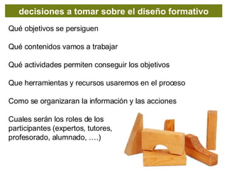 Qu é objetivos se persiguen Qu é  contenidos vamos a trabajar Qu é actividades permiten conseguir los objetivos Que herramientas y recursos usaremos en el proceso Como se organizaran la información y las acciones Cuales serán los roles de los participantes (expertos, tutores,  profesorado, alumnado, ….) decisiones a tomar sobre el diseño formativo 