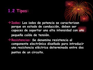 1.2   Tipos: Iodos:  Los iodos de potencia se caracterizan porque en estado de conducción, deben ser capaces de soportar una alta intensidad con una pequeña caída de tensión.   Resistencias:  Se denomina  resistencia al componente electrónico diseñado para introducir una resistencia eléctrica determinada entre dos puntos de un circuito.   