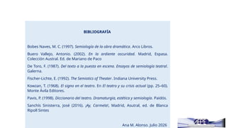 BIBLIOGRAFÍA
Bobes Naves, M. C. (1997). Semiología de la obra dramática. Arco Libros.
Buero Vallejo, Antonio. (2002). En la ardiente oscuridad. Madrid, Espasa.
Colección Austral. Ed. de Mariano de Paco
De Toro, F. (1987). Del texto a la puesta en escena. Ensayos de semiología teatral.
Galerna.
Fischer-Lichte, E. (1992). The Semiotics of Theater. Indiana University Press.
Kowzan, T. (1968). El signo en el teatro. En El teatro y su crisis actual (pp. 25–60).
Monte Ávila Editores.
Pavis, P. (1998). Diccionario del teatro. Dramaturgia, estética y semiología. Paidós.
Sanchís Sinisterra, José (2016). ¡Ay, Carmela!, Madrid, Asutral, ed. de Blanca
Ripoll Sintes
Ana M. Alonso. Julio 2026
 