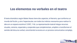 Los elementos no verbales en el teatro
El texto dramático según Bobes Naves tiene dos aspectos, el literario, que conforma un
mundo de ficción, y otro “espectacular, con todos los indicios necesarios para realizar la
obra en un espacio escénico” (1997, 114). La representación teatral integra recursos
visuales, sonoros, espaciales y corporales que complementan, amplían o transforman el
sentido del discurso verbal, convirtiendo la escena en un proceso comunicativo complejo.
 
