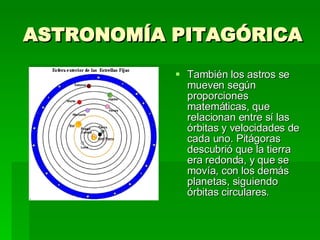 ASTRONOMÍA PITAGÓRICA También los astros se mueven según proporciones matemáticas, que relacionan entre sí las órbitas y velocidades de cada uno. Pitágoras descubrió que la tierra era redonda, y que se movía, con los demás planetas, siguiendo órbitas circulares. 