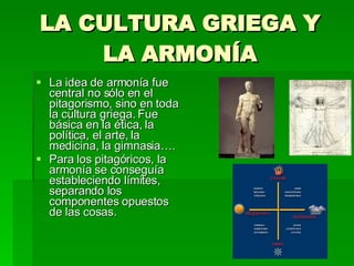 LA CULTURA GRIEGA Y LA ARMONÍA La idea de armonía fue central no sólo en el pitagorismo, sino en toda la cultura griega. Fue básica en la ética, la política, el arte, la medicina, la gimnasia…. Para los pitagóricos, la armonía se conseguía estableciendo límites, separando los componentes opuestos de las cosas. 