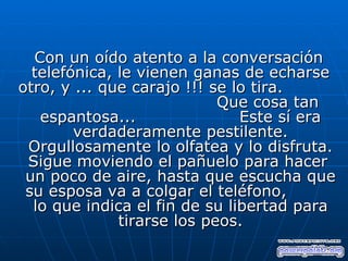 Con un oído atento a la conversación
  telefónica, le vienen ganas de echarse
otro, y ... que carajo !!! se lo tira.
                            Que cosa tan
   espantosa...                Este sí era
        verdaderamente pestilente.
 Orgullosamente lo olfatea y lo disfruta.
 Sigue moviendo el pañuelo para hacer
 un poco de aire, hasta que escucha que
 su esposa va a colgar el teléfono,
  lo que indica el fin de su libertad para
              tirarse los peos.
 