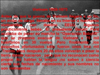 Vietnam 1958-1975 Antes de que la guerra de Vietnam llegara a su fin, un avión de carga  llevaba en su interior a huérfanos vietnamitas con destino EEUU. Algunos prácticamente bebés. El presidente Gerald Ford acababa de poner en marcha la “Operación Babylift” que se proponía evacuar de Vietnam a 70 mil huérfanos en 30 vuelos .Pero finalmente ,los pequeños afortunados sólo fueron unos tres mil .Treinta años después 20 de ellos volverán a pisar la tierra donde nacieron , pero que no reconocen como propia .No hablan la lengua ,no saben a ciencia cierta sus fechas de nacimiento y sus nombres no son vietnamitas 