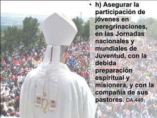 h) Asegurar la participación de jóvenes en peregrinaciones, en las Jornadas nacionales y mundiales de Juventud, con la debida preparación espiritual y misionera, y con la compañía de sus pastores.  DA 446.   