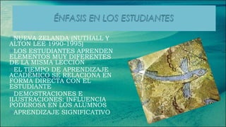 NUEVA ZELANDA (NUTHALL Y ALTON LEE 1990-1995) LOS ESTUDIANTES APRENDEN ELEMENTOS MUY DIFERENTES DE LA MISMA LECCIÓN EL TIEMPO DE APRENDIZAJE ACADÉMICO SE RELACIONA EN FORMA DIRECTA CON EL ESTUDIANTE DEMOSTRACIONES E ILUSTRACIONES: INFLUENCIA PODEROSA EN LOS ALUMNOS APRENDIZAJE SIGNIFICATIVO 