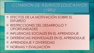 EFECTOS DE LA MOTIVACIÓN SOBRE EL ESFUERZO RESTRICCIONES DEL DESARROLLO Y OPORTUNIDADES INFLUENCIAS SOCIALES EN EL APRENDIZAJE DIFERENCIAS INDIVIDUALES EN EL APRENDIZAJE APRENDIZAJE Y DIVERSIDAD NORMAS Y EVALUACIÓN 