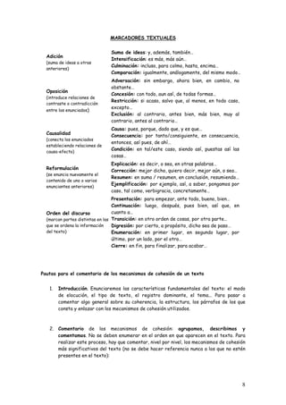8
MARCADORES TEXTUALES
Adición
(suma de ideas a otras
anteriores)
Suma de ideas: y, además, también…
Intensificación: es más, más aún…
Culminación: incluso, para colmo, hasta, encima…
Comparación: igualmente, análogamente, del mismo modo…
Oposición
(introduce relaciones de
contraste o contradicción
entre los enunciados)
Adversación: sin embargo, ahora bien, en cambio, no
obstante…
Concesión: con todo, aun así, de todas formas…
Restricción: si acaso, salvo que, al menos, en todo caso,
excepto…
Exclusión: al contrario, antes bien, más bien, muy al
contrario, antes al contrario…
Causalidad
(conecta los enunciados
estableciendo relaciones de
causa-efecto)
Causa: pues, porque, dado que, y es que…
Consecuencia: por tanto/consiguiente, en consecuencia,
entonces, así pues, de ahí…
Condición: en tal/este caso, siendo así, puestas así las
cosas…
Reformulación
(se enuncia nuevamente el
contenido de uno o varios
enunciantes anteriores)
Explicación: es decir, o sea, en otras palabras…
Corrección: mejor dicho, quiero decir, mejor aún, o sea…
Resumen: en suma / resumen, en conclusión, resumiendo…
Ejemplificación: por ejemplo, así, a saber, pongamos por
caso, tal como, verbigracia, concretamente…
Orden del discurso
(marcan partes distintas en las
que se ordena la información
del texto)
Presentación: para empezar, ante todo, bueno, bien…
Continuación: luego, después, pues bien, así que, en
cuanto a…
Transición: en otro orden de cosas, por otra parte…
Digresión: por cierto, a propósito, dicho sea de paso…
Enumeración: en primer lugar, en segundo lugar, por
último, por un lado, por el otro…
Cierre: en fin, para finalizar, para acabar…
Pautas para el comentario de los mecanismos de cohesión de un texto
1. Introducción. Enunciaremos las características fundamentales del texto: el modo
de elocución, el tipo de texto, el registro dominante, el tema... Para pasar a
comentar algo general sobre su coherencia, la estructura, los párrafos de los que
consta y enlazar con los mecanismos de cohesión utilizados.
2. Comentario de los mecanismos de cohesión: agrupamos, describimos y
comentamos. No se deben enumerar en el orden en que aparecen en el texto. Para
realizar este proceso, hay que comentar, nivel por nivel, los mecanismos de cohesión
más significativos del texto (no se debe hacer referencia nunca a los que no estén
presentes en el texto):
 