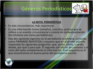 Géneros Periodísticos LA NOTA  PERIODÍSTICA Es más circunstancial, más coyuntural. Es una información breve (tamaño), concreta, precisa que se refiere a un evento circunstancial y carece de contextualización (los titulares son notas periodísticas). Hay dos opciones vigentes en el periodismo la primera, conocida como PIRÁMIDE INVERTIDA y requiere que en el primer párrafo respondas las siguientes preguntas: qué, quién, cómo, cuándo, dónde, por qué o para qué. El segundo párrafo es de contexto y el resto del texto complementa la información. Este esquema es el que encontramos en buena parte del periodismo escrito. 