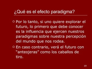 ¿Qué es el efecto paradigma?  Por lo tanto, si uno quiere explorar el futuro, lo primero que debe conocer es la influencia que ejercen nuestros paradigmas sobre nuestra percepción del mundo que nos rodea. En caso contrario, verá el futuro con “anteojeras” como los caballos de tiro. 