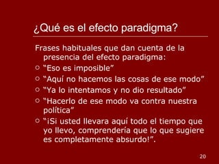 ¿Qué es el efecto paradigma?  Frases habituales que dan cuenta de la presencia del efecto paradigma: “ Eso es imposible” “ Aquí no hacemos las cosas de ese modo” “ Ya lo intentamos y no dio resultado” “ Hacerlo de ese modo va contra nuestra política” “ ¡Si usted llevara aquí todo el tiempo que yo llevo, comprendería que lo que sugiere es completamente absurdo!”. 