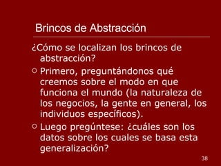 Brincos de Abstracción ¿Cómo se localizan los brincos de abstracción? Primero, preguntándonos qué creemos sobre el modo en que funciona el mundo (la naturaleza de los negocios, la gente en general, los individuos específicos). Luego pregúntese: ¿cuáles son los datos sobre los cuales se basa esta generalización? 