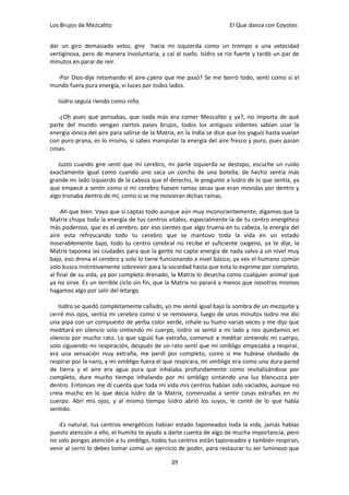 Los Brujos de Mezcalito                                               El Que danza con Coyotes


dar un giro demasiado veloz, gire hacia mi izquierda como un trompo a una velocidad
vertiginosa, pero de manera involuntaria, y caí al suelo. Isidro se rio fuerte y tardó un par de
minutos en parar de reír.

  -Por Dios-dije retomando el aire-¿pero que me pasó? Se me borró todo, sentí como si el
mundo fuera pura energía, vi luces por todos lados.

   Isidro seguía riendo como niño.

   -¿Oh pues que pensabas, que nada más era comer Mezcalito y ya?, no importa de qué
parte del mundo vengan ciertos pases brujos, todos los antiguos videntes sabían usar la
energía iónica del aire para salirse de la Matrix, en la India se dice que los yoguis hasta vuelan
con puro prana, es lo mismo, si sabes manipular la energía del aire fresco y puro, pues pasan
cosas.

   Justo cuando gire sentí que mi cerebro, mi parte izquierda se destapo, escuche un ruido
exactamente igual como cuando uno saca un corcho de una botella, de hecho sentía más
grande mi lado izquierdo de la cabeza que el derecho, le pregunte a Isidro de lo que sentía, ya
que empecé a sentir como si mi cerebro fuesen ramas secas que eran movidas por dentro y
algo tronaba dentro de mí, como si se me movieran dichas ramas.

    -Ah que bien. Vaya que sí captas todo aunque aún muy inconscientemente, digamos que la
Matrix chupa toda la energía de tus centros vitales, especialmente la de tu centro energético
más poderoso, que es el cerebro, por eso sientes que algo truena en tu cabeza, la energía del
aire esta refrescando todo tu cerebro que se mantuvo toda la vida en un estado
miserablemente bajo, todo tu centro cerebral no recibe el suficiente oxigeno, ya te dije, la
Matrix taponea las ciudades para que la gente no capte energía de nada salvo a un nivel muy
bajo, eso drena el cerebro y solo lo tiene funcionando a nivel básico, ya ves el humano común
solo busca instintivamente sobrevivir para la sociedad hasta que esta lo exprime por completo,
al final de su vida, ya por completo drenado, la Matrix lo desecha como cualquier animal que
ya no sirve. Es un terrible ciclo sin fin, que la Matrix no parará a menos que nosotros mismos
hagamos algo por salir del letargo.

    Isidro se quedó completamente callado, yo me senté igual bajo la sombra de un mezquite y
cerré mis ojos, sentía mi cerebro como si se removiera, luego de unos minutos Isidro me dio
una pipa con un compuesto de yerba color verde, inhale su humo varias veces y me dijo que
meditará en silencio solo sintiendo mi cuerpo, Isidro se sentó a mi lado y nos quedamos en
silencio por mucho rato. Lo que siguió fue extraño, comencé a meditar sintiendo mi cuerpo,
solo siguiendo mi respiración, después de un rato sentí que mi ombligo empezaba a respirar,
era una sensación muy extraña, me perdí por completo, como si me hubiese olvidado de
respirar por la nariz, y mi ombligo fuera el que respirara, mi ombligo era como una dura pared
de tierra y el aire era agua pura que inhalaba profundamente como revitalizándose por
completo, dure mucho tiempo inhalando por mi ombligo sintiendo una luz blancuzca por
dentro. Entonces me di cuenta que toda mi vida mis centros habían sido vaciados, aunque no
creía mucho en lo que decía Isidro de la Matrix, comenzaba a sentir cosas extrañas en mi
cuerpo. Abrí mis ojos, y al mismo tiempo Isidro abrió los suyos, le conté de lo que había
sentido.

   -Es natural, tus centros energéticos habían estado taponeados toda la vida, jamás habías
puesto atención a ello, el humito te ayudo a darte cuenta de algo de mucha importancia, pero
no solo pongas atención a tu ombligo, todos tus centros están taponeados y también respiran,
venir al cerro lo debes tomar como un ejercicio de poder, para restaurar tu ser luminoso que

                                               39
 