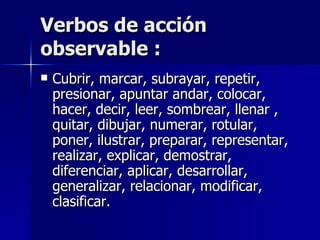 Verbos de acción observable : Cubrir, marcar, subrayar, repetir, presionar, apuntar andar, colocar, hacer, decir, leer, sombrear, llenar , quitar, dibujar, numerar, rotular, poner, ilustrar, preparar, representar, realizar, explicar, demostrar, diferenciar, aplicar, desarrollar, generalizar, relacionar, modificar, clasificar. 