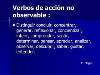 Verbos de acción no observable : Distinguir concluir, concentrar, generar, reflexionar, concientizar, inferir, comprender, sentir, determinar, pensar, apreciar, analizar, observar, descubrir, saber, gustar, entender. Mager. 