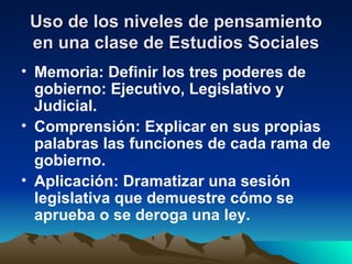 Uso de los niveles de pensamiento en una clase de Estudios Sociales Memoria: Definir los tres poderes de gobierno: Ejecutivo, Legislativo y Judicial. Comprensión: Explicar en sus propias palabras las funciones de cada rama de gobierno. Aplicación: Dramatizar una sesión legislativa que demuestre cómo se aprueba o se deroga una ley. 