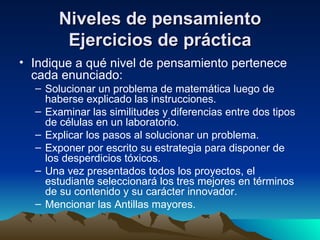 Niveles de pensamiento Ejercicios de práctica Indique a qué nivel de pensamiento pertenece cada enunciado: Solucionar un problema de matemática luego de haberse explicado las instrucciones. Examinar las similitudes y diferencias entre dos tipos de células en un laboratorio. Explicar los pasos al solucionar un problema. Exponer por escrito su estrategia para disponer de los desperdicios tóxicos. Una vez presentados todos los proyectos, el estudiante seleccionará los tres mejores en términos de su contenido y su carácter innovador. Mencionar las Antillas mayores. 
