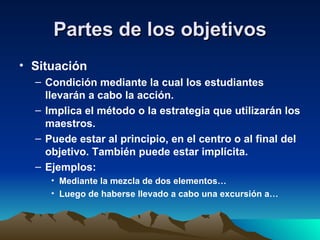 Partes de los objetivos Situación Condición mediante la cual los estudiantes llevarán a cabo la acción. Implica el método o la estrategia que utilizarán los maestros. Puede estar al principio, en el centro o al final del objetivo. También puede estar implícita. Ejemplos: Mediante la mezcla de dos elementos… Luego de haberse llevado a cabo una excursión a…  