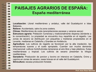 PAISAJES AGRARIOS DE ESPAÑA:
                     España mediterránea

Localización: Litoral mediterráneo y andaluz, valle del Guadalquivir e Islas
Baleares.
Relieve: Accidentado, salvo la zona costera.
Climas: Mediterráneo de costa (precipitaciones escasas y veranos secos)
Estructura agraria: Población numerosa y tradicionalmente dispersa (tendente a
la concentración). La propiedad se encuentra muy repartida en el regadío. Las
zonas de secano se distribuyen con pequeñas y medianas propiedades en el
Levante, medianas en Cataluña y Grandes en Andalucía.
Agricultura: Los cultivos de regadío se favorecen por la alta insolación, las
temperaturas suaves y el suelo apropiado. Cuentan con mucha demanda
internacional: cultivos hortofrutícolas tempranos al aire libre y bajo plásticos, frutas
mediterráneas y tropical. Los cultivos de secano presentan la trilogía
mediterránea.
Ganadería: Producción de porcion y bovino en intensivo en Cataluña. Ovino y
caprino en zonas de secano; reses bravas en el valle del Guadalquivir.
Silvicultura: escasa producción forestal.



                                                                      Prof. Isaac Buzo Sánchez
 