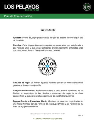 Plan de Compensación Vigente desde el 10 de febrero de 2015
pág. 16
© LOS PELAYOS CLUB copyright 2015
GLOSARIO
Apuesta: Forma de juego probabilístico del que se espera obtener algún tipo
de beneficio.
Círculos: Es la disposición que forman las personas a las que usted invita a
Los Pelayos Club, y que se van colocando cronológicamente, enlazados unos
con otros, en su Equipo Directo o Estructura Unilevel.
Círculos de Pago: Lo forman aquellos Partners que en un mes calendario le
generan volumen comisionable.
Compresión Dinámica: Acción que se lleva a cabo ante la inactividad de un
Partner en cualquiera de los círculos o escalones de pago de su línea
descendente y que provoca el acercamiento de sus Partners Activos
Equipo Común o Estructura Matriz: Conjunto de personas organizadas en
una matriz formada por los Partners de su Equipo Directo y los Partners de su
línea de equipo ascendente.
 