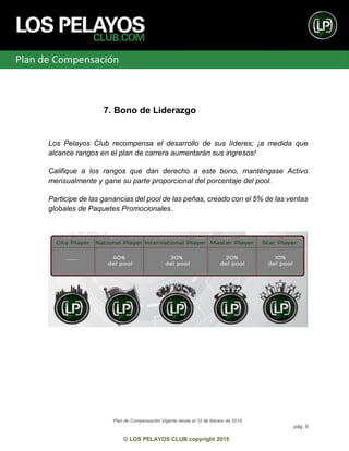Plan de Compensación Vigente desde el 10 de febrero de 2015
pág. 8
© LOS PELAYOS CLUB copyright 2015
7. Bono de Liderazgo
Los Pelayos Club recompensa el desarrollo de sus líderes; ¡a medida que
alcance rangos en el plan de carrera aumentarán sus ingresos!
Califique a los rangos que dan derecho a este bono, manténgase Activo
mensualmente y gane su parte proporcional del porcentaje del pool.
Participe de las ganancias del pool de las peñas, creado con el 5% de las ventas
globales de Paquetes Promocionales.
 