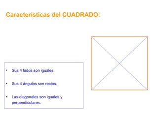 Características del CUADRADO: Sus 4 lados son iguales. Sus 4 ángulos son rectos. Las diagonales son iguales y perpendiculares. 
