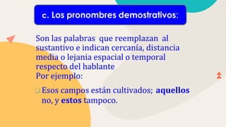 Son las palabras que reemplazan al
sustantivo e indican cercanía, distancia
media o lejania espacial o temporal
respecto del hablante
Por ejemplo:
Esos campos están cultivados; aquellos
no, y estos tampoco.
c. Los pronombres demostrativos:
 