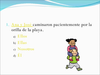 Ana y José   caminaron pacientemente por la orilla de la playa. Ellos Ellas Nosotros Él 