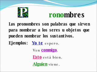 rono mbres Los pronombres son palabras que sirven para nombrar a los seres u objetos que pueden nombrar los sustantivos. Ejemplos:  Yo te   espero.    Ven  conmigo .   Esto  está bien.   Alguien  viene. 