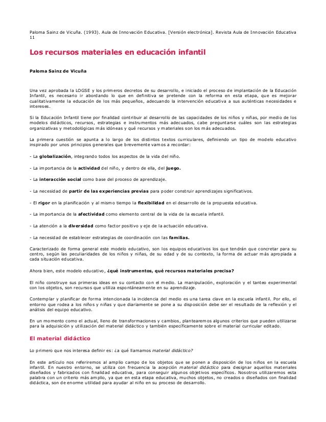 Los Recursos Materiales En Educación Infantil