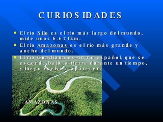 CURIOSIDADES El río Nilo es el río más largo del mundo, mide unos 6.671km. El río Amazonas es el río más grande y ancho del mundo. El río Guadiana es un río español, que se esconde bajo la tierra durante un tiempo, y luego vuelve a aparecer. AMAZONAS